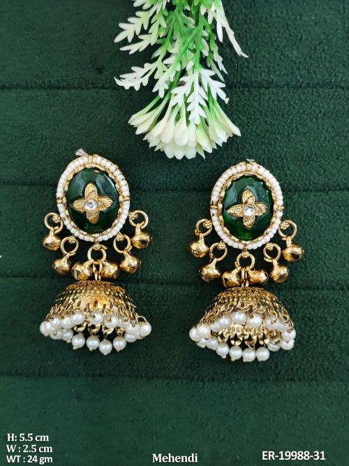 Antique Jhumka Earrings with Pearls in Green, photo 3 of 7