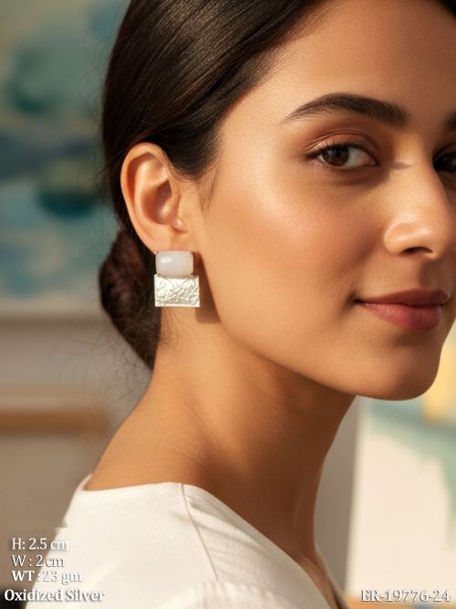 Classic Stone-Studded Earrings in Oxidised Finish