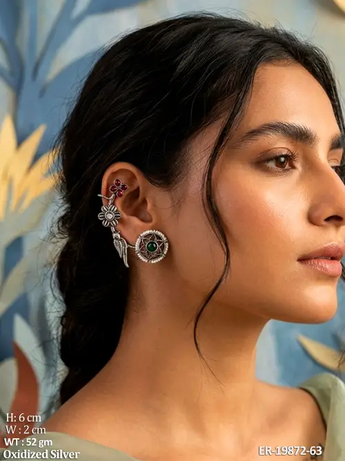 Stone-Studded Floral Bird Ear Cuff Earrings in Oxidised Finish