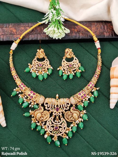 Stone-Studded Lakshmi Necklace Set in Rajwadi Finish in Ruby Green, photo 3 of 4