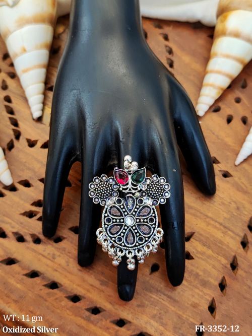 Oxidized Silver Finger Ring with Floral Peacock Look   
