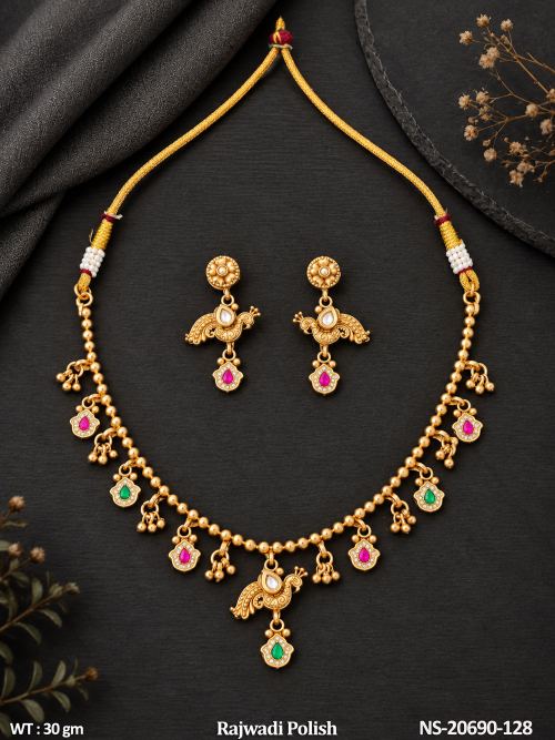Stone-Studded Peacock Necklace Set with Earrings in Rajwadi Finish, photo 3 of 3