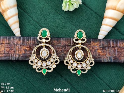 Kundan Drop Earrings with Pearls in Green, photo 3 of 5