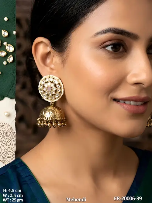Mehendi Finish Stone-Studded Jhumka Earrings for Women
