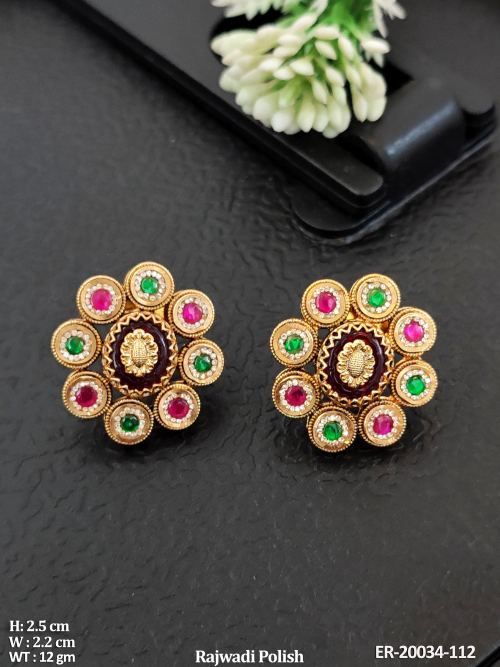 Rajwadi Finish Stone-Studded Stud Earrings with Floral Design in Ruby Green, photo 2 of 3