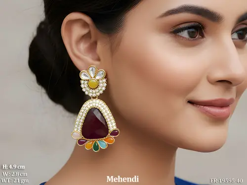 Mehendi Finish Kundan Stone-Studded Drop Earrings for Women