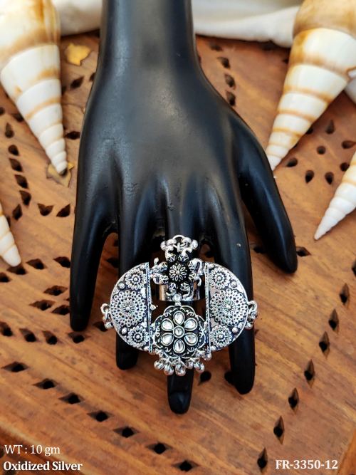 Designer Oxidized Silver Finger Ring with Floral Motif   