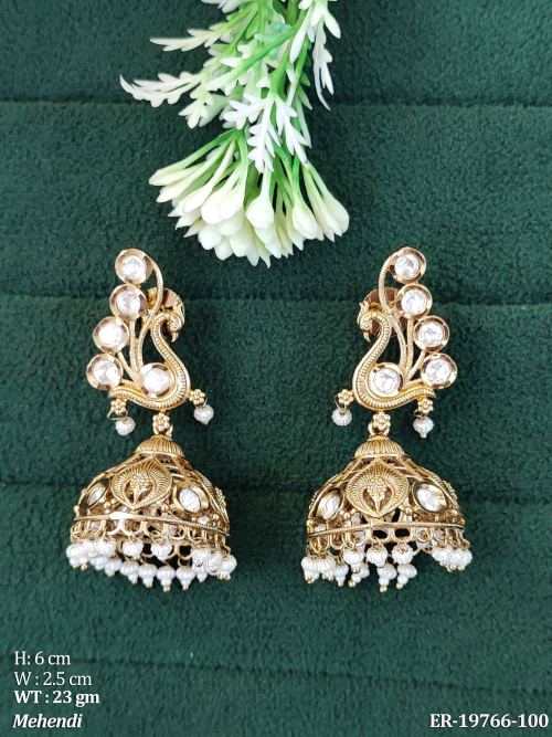 Stone-Studded Peacock Earrings in Mehendi Finish
