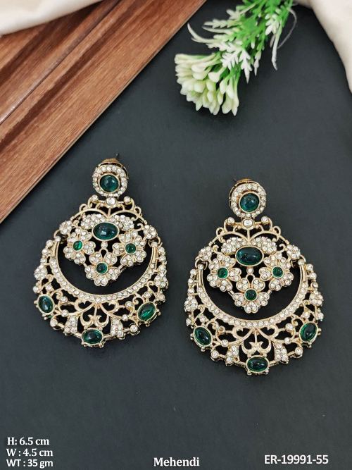 Mehendi Finish Stone-Studded Chandbali Earrings in Rama Green, photo 2 of 8