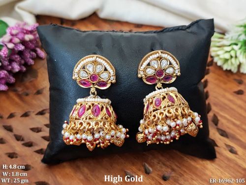 Stone-Studded Antique Jhumki Earrings for Women in Ruby, photo 2 of 4