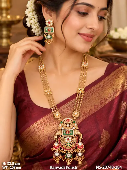 Long Antique Jewellery Set with Stone Work in Rajwadi Finish