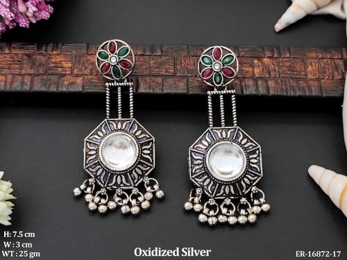 Stone-Studded Earrings in Oxidised Finish in Ruby Green, photo 4 of 7