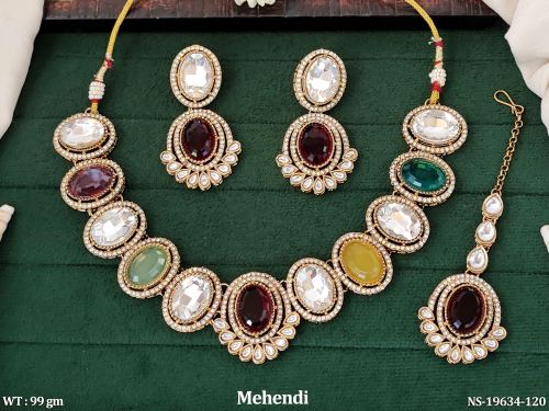 Mehendi Finish Statement Necklace Set for Women in Multi, photo 2 of 7