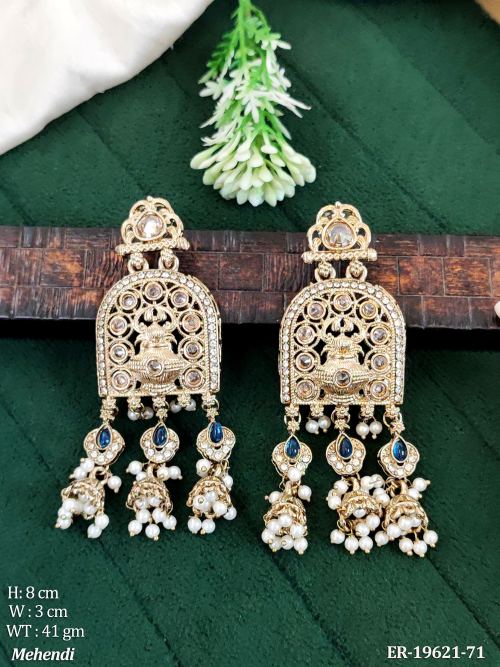 Traditional Stone-Studded Jhumka Earrings in Mehendi Finish in Blue, photo 6 of 14