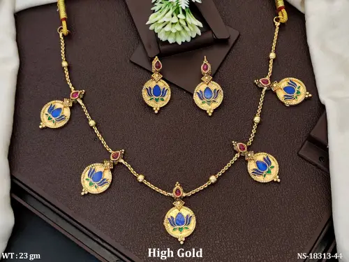 Traditional Lotus Necklace Set with Stone Work