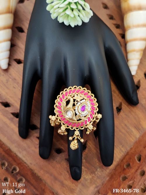 High Gold Polish Kundan Peacock Designer Finger Ring
