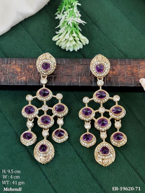 Long Antique Earrings with Stone Work in Mehendi Finish in Purple, photo 3 of 9