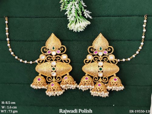 Ethnic Stone-Studded Jhumka Earrings in Rajwadi Finish in Ruby Green, photo 4 of 5
