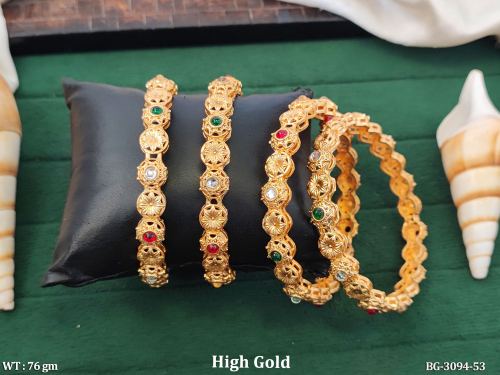 Stone-Studded Bangles with Floral Design Set of 4, photo 2 of 3