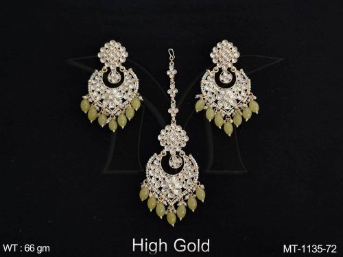 High gold Polish Designer fancy Designer Antique Maang Tikka with Earring
