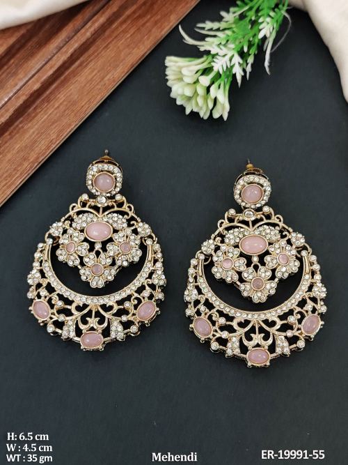 Mehendi Finish Stone-Studded Chandbali Earrings