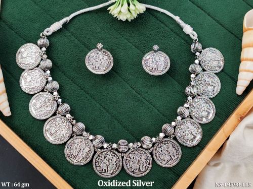 Temple Necklace Set in Oxidised Finish for Women
