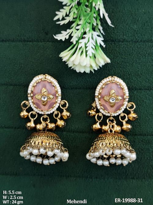 Antique Jhumka Earrings with Pearls in Pink, photo 2 of 7