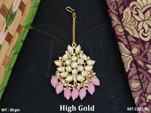 Classic Party Wear Kundan Tikka with Pearls in Pink, photo 2 of 7