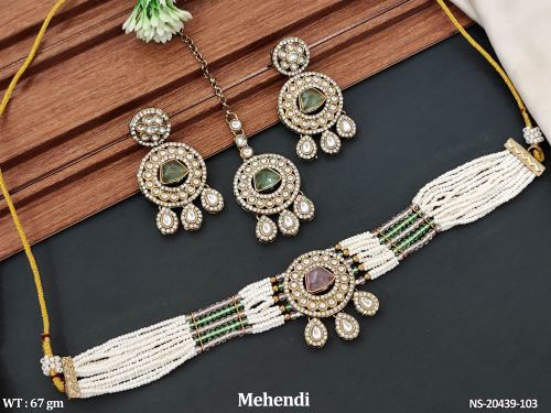 Antique Necklace Set in Mehendi Finish for Women in Mint Green Pink, photo 2 of 6