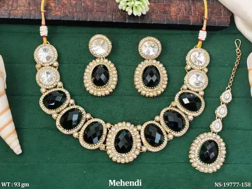 Statement Stone-Studded Necklace Set in Mehendi Finish