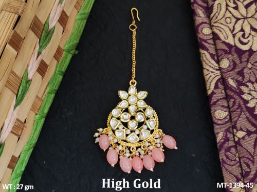 Classic Party Wear Kundan Maang Tikka with Pearls in Peach, photo 4 of 6