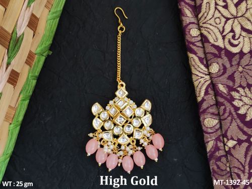 Classic Party Wear Kundan Maang Tikka with Stone Work in Peach, photo 6 of 8