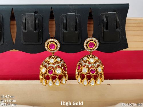 Festive Kundan Jhumka Earrings with Stone Work in Ruby, photo 3 of 5