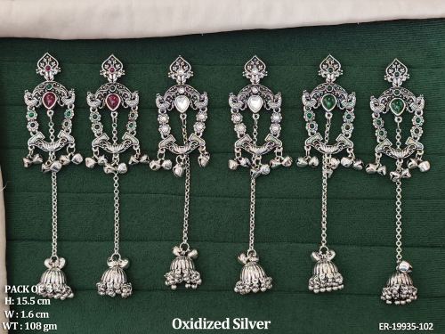 Traditional Stone-Studded Earrings in Oxidised Finish, photo 2 of 3