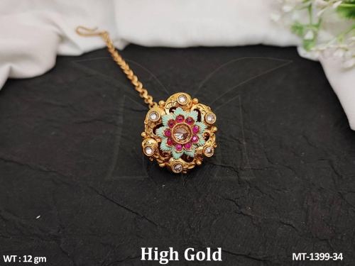 Full Stone High Gold Polish Flower Design Antique Maang Tikka