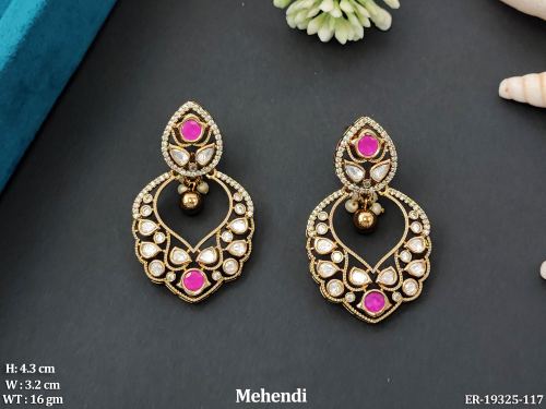 Stone-Studded Kundan Drop Earrings for Women in Ruby, photo 2 of 3
