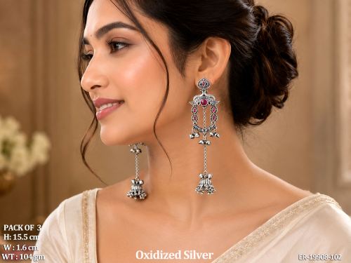Antique Long Jhumka Earrings in Oxidised Finish for Women, photo 2 of 3