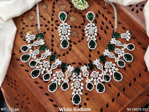Stone-Studded Necklace Set in White Finish in Green, photo 2 of 3