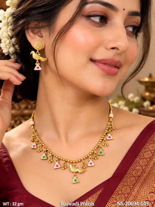 Peacock Necklace Set with Stone Work in Rajwadi Finish