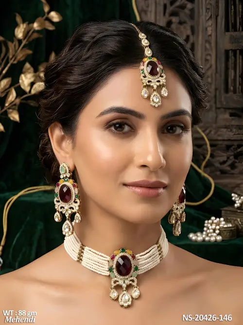 Designer Mehendi Polish Full Stone Choker Set with Earrings