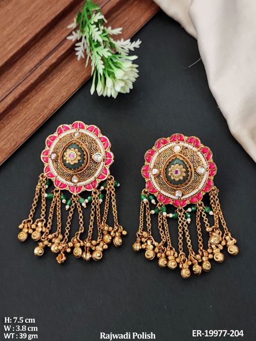 Rajwadi Finish Antique Drop Earrings for Women in Ruby Green, photo 3 of 5