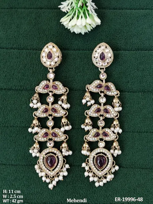 Antique Long Tiered Dangler Earrings in Mehendi Finish in Maroon, photo 3 of 6