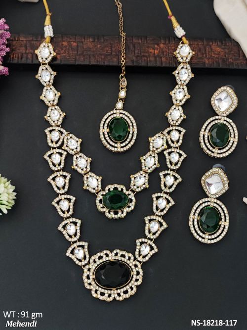 Antique Stone-Studded Necklace Set in Mehendi Finish
