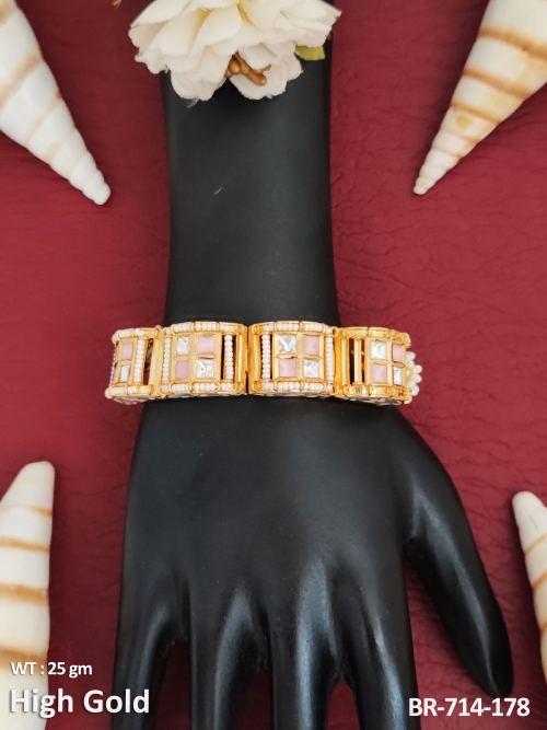 Party Wear Kundan Bracelet for Women in Pink, photo 2 of 4