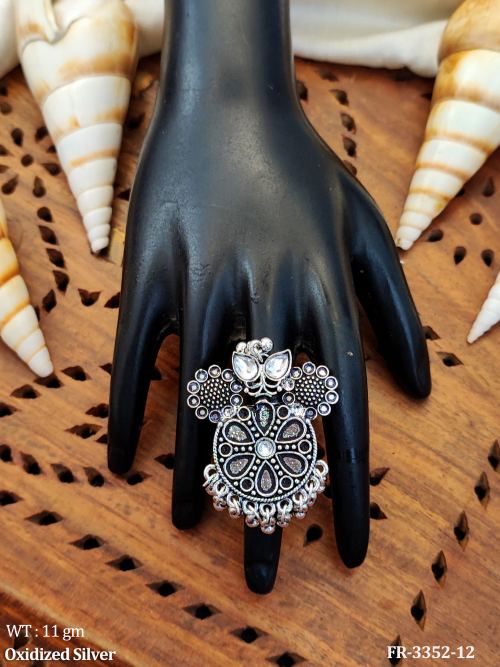Oxidized Silver Finger Ring with Floral Peacock Look   