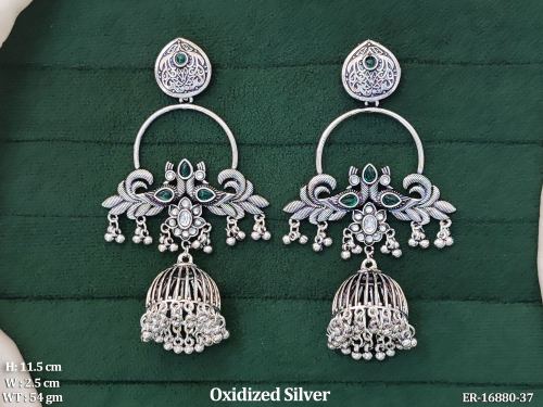 Oxidised Finish Stone-Studded Jhumka Earrings for Women in Green, photo 2 of 7