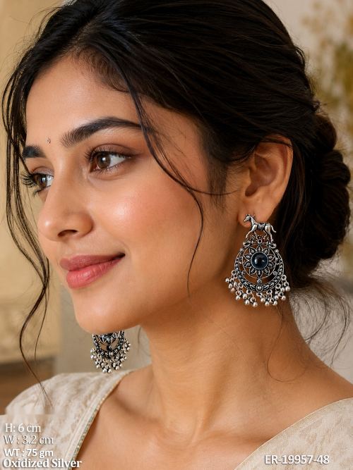 Oxidised Finish Stone-Studded Chandbalis Set of 3
