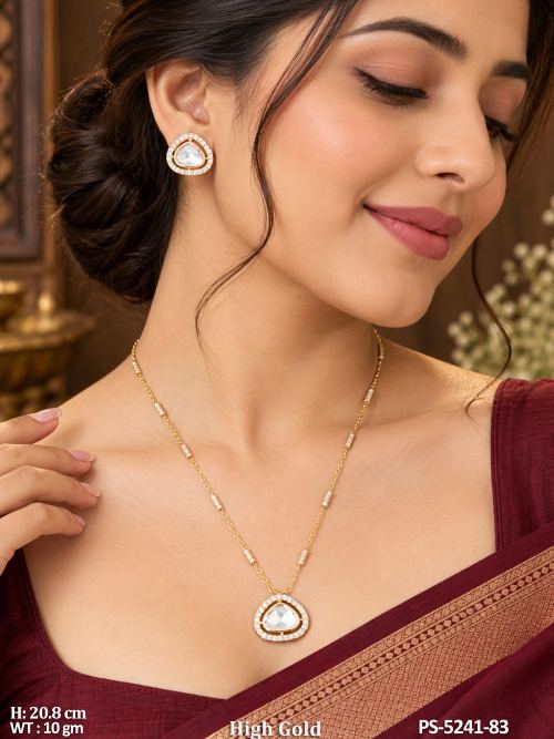 Classic White Kundan Pendant Set with Earrings with Stone Work