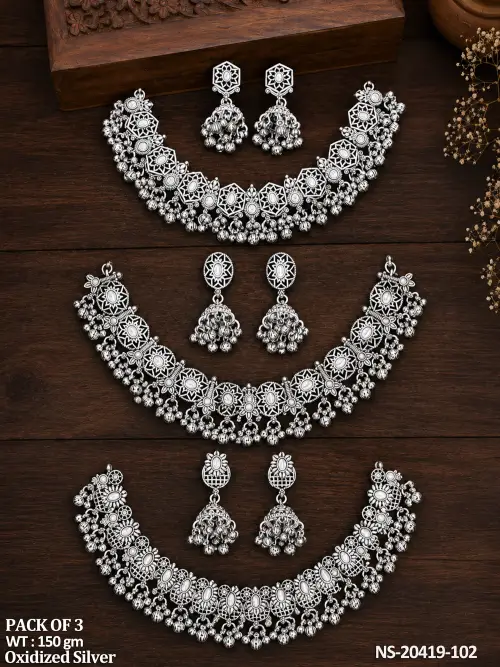 Oxidized Silver Necklace Set Pack of 3 with Jhumkas