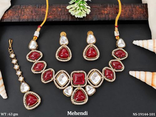 Party Wear Mehendi Finish Necklace Set for Women in Ruby, photo 2 of 4